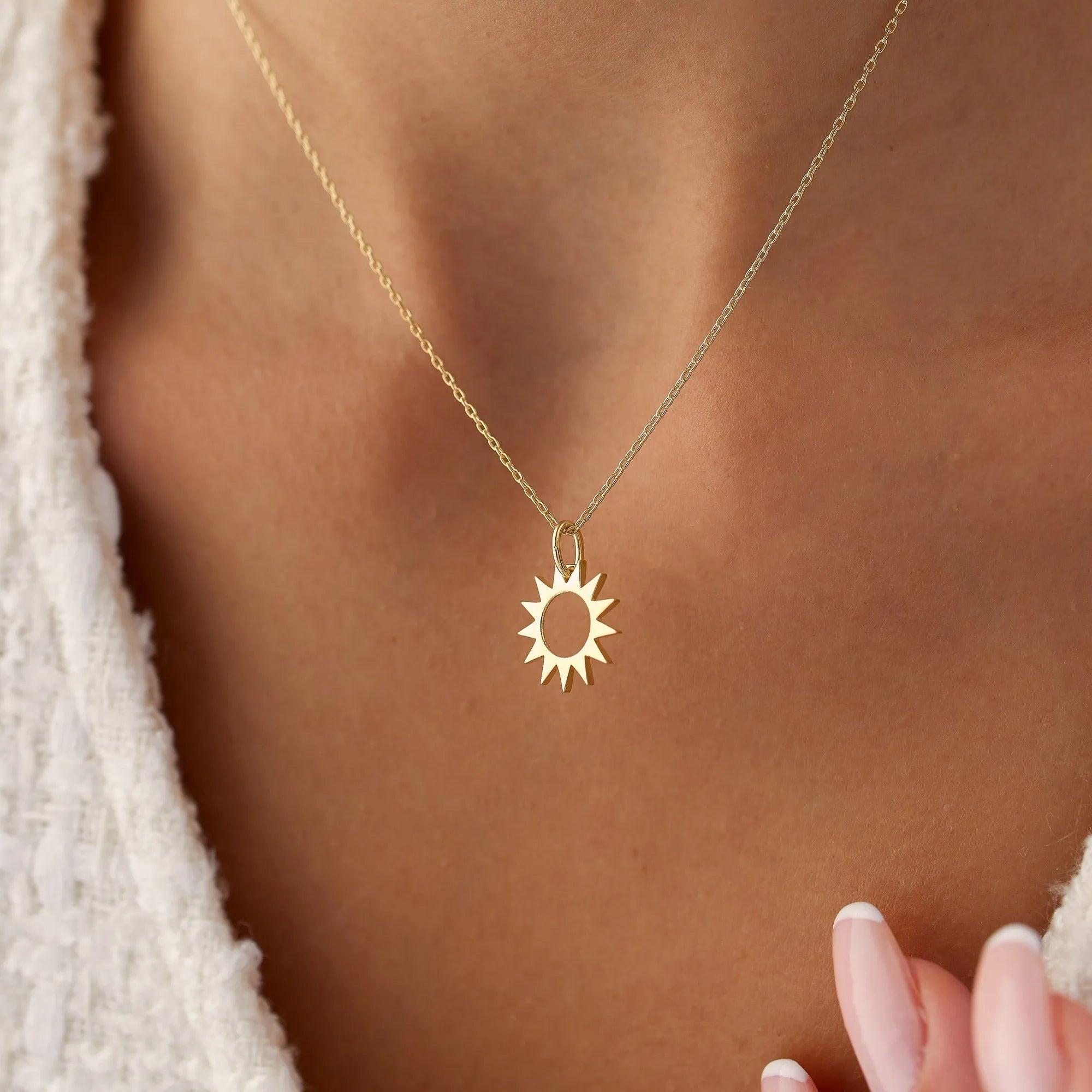 14k Solid Gold Sun Celestial Pendant Necklace