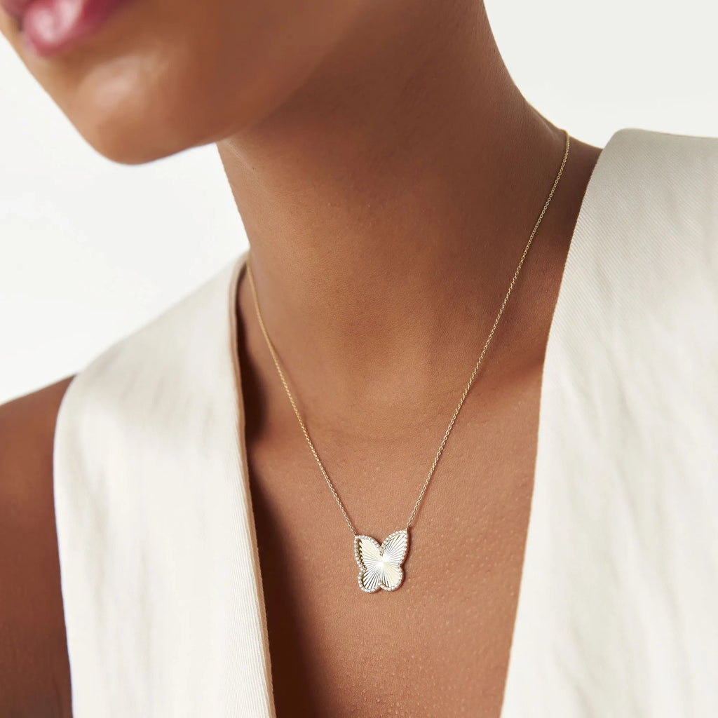 14K Solid Gold 0.30 CTW Round Diamond Textured Butterfly Charm Pendant Necklace