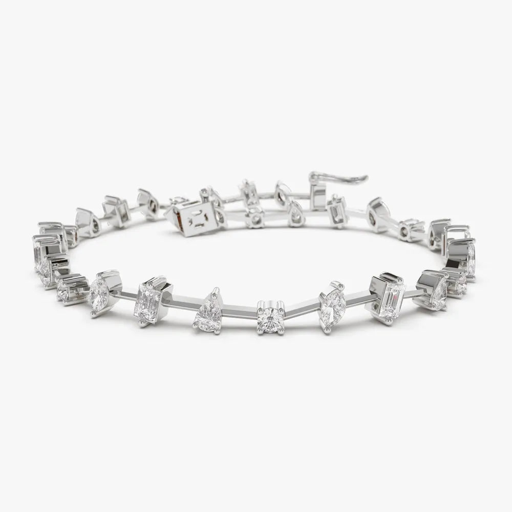 14K Solid Gold 1.98 CTW Round Baguette Marquise and Pear Diamond Multi-Shape Slant Bracelet