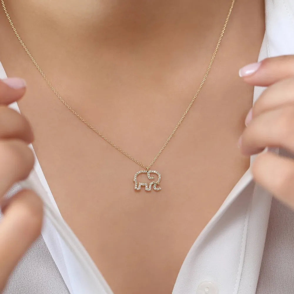 14K Solid Gold Round Diamond Micro Pave Elephant Charm Necklace 0.22ctw