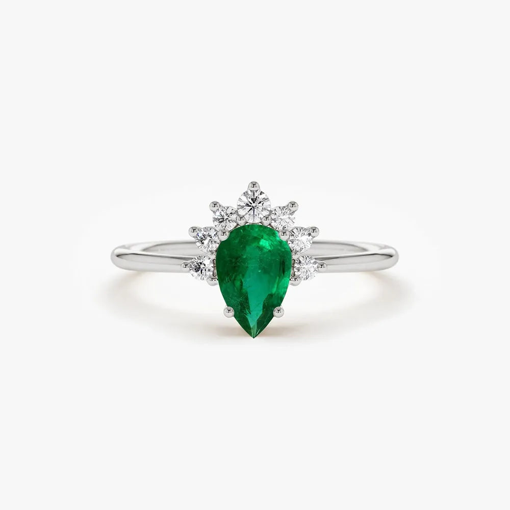 14K Solid Gold Pear Shape Emerald and Round Diamond Half Halo Engagement Ring 0.43 CTW