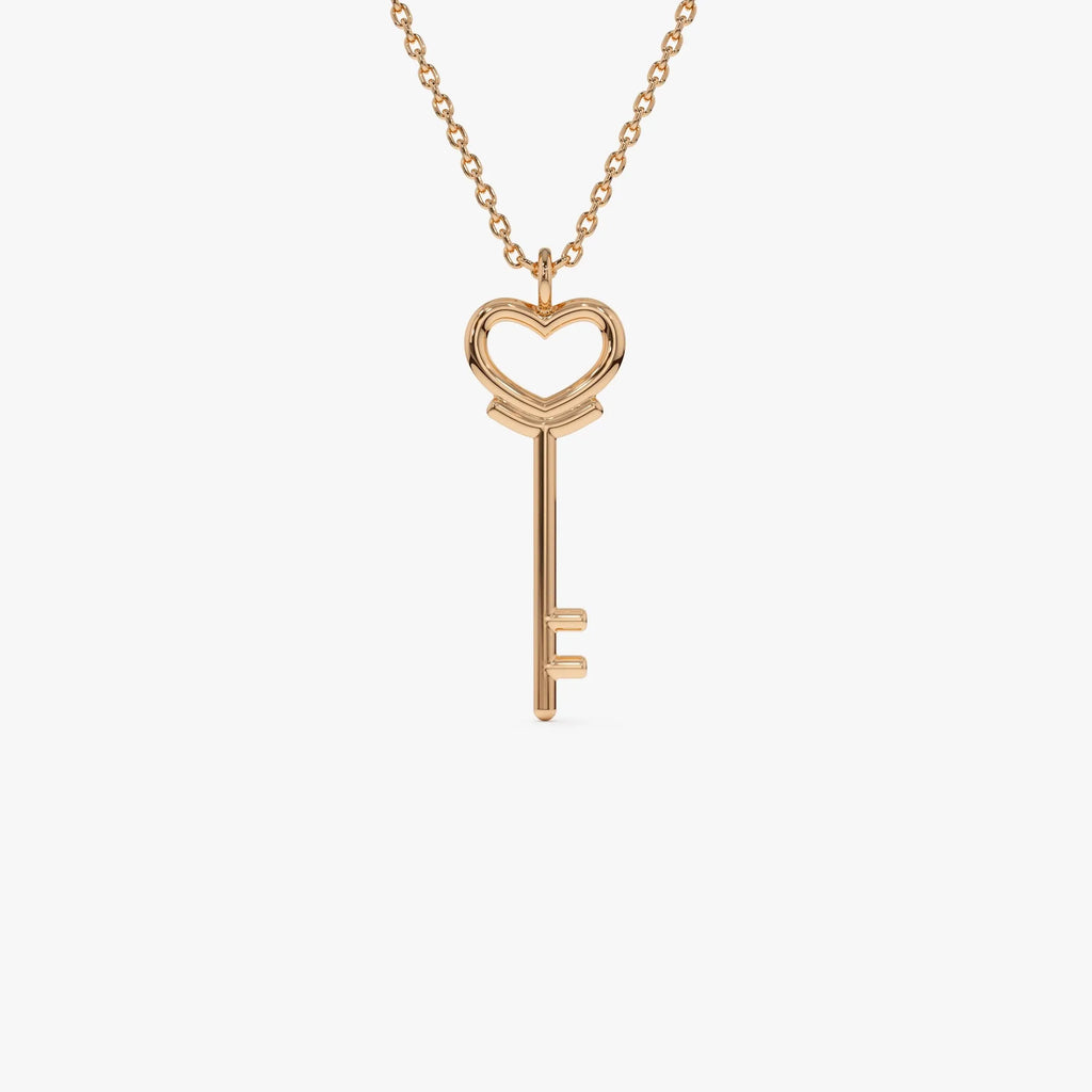 14k Solid Gold Heart Key Pendant Necklace