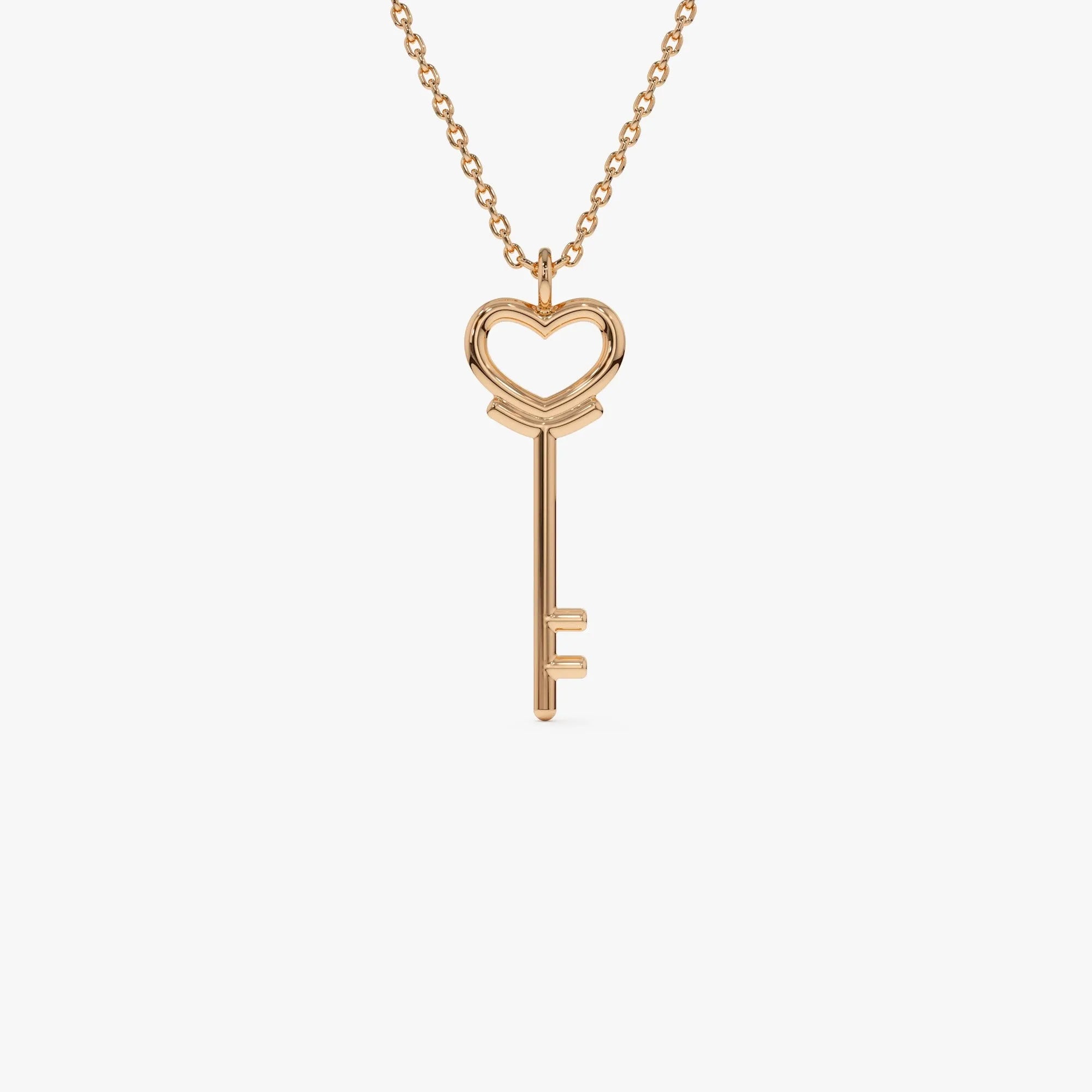 14k Solid Gold Heart Key Pendant Necklace