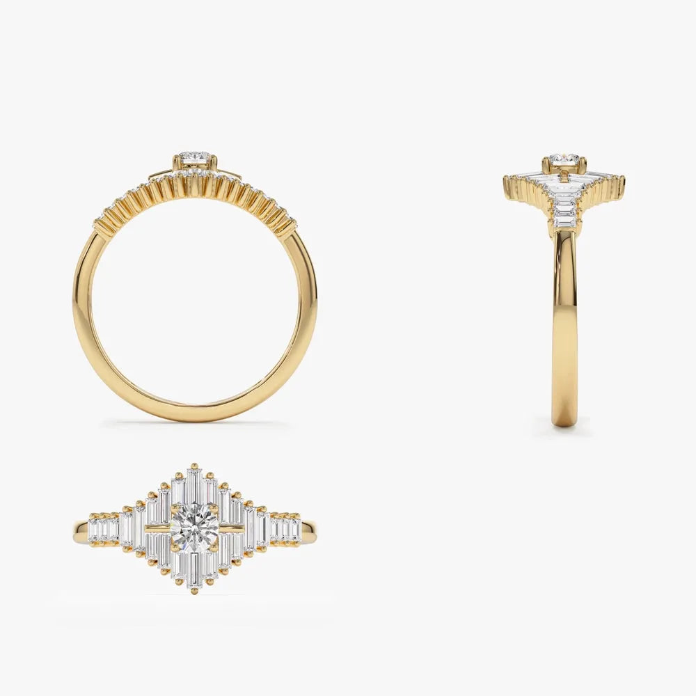14k Gold Round and Baguette Diamond Art Deco Ring 0.82 ctw