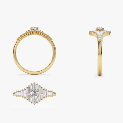 14k Gold Round and Baguette Diamond Art Deco Ring 0.82 ctw