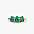 14K Solid Gold Triple Oval Emerald and Round Diamond Ring 0.70 CTW Handcrafted Jewelry