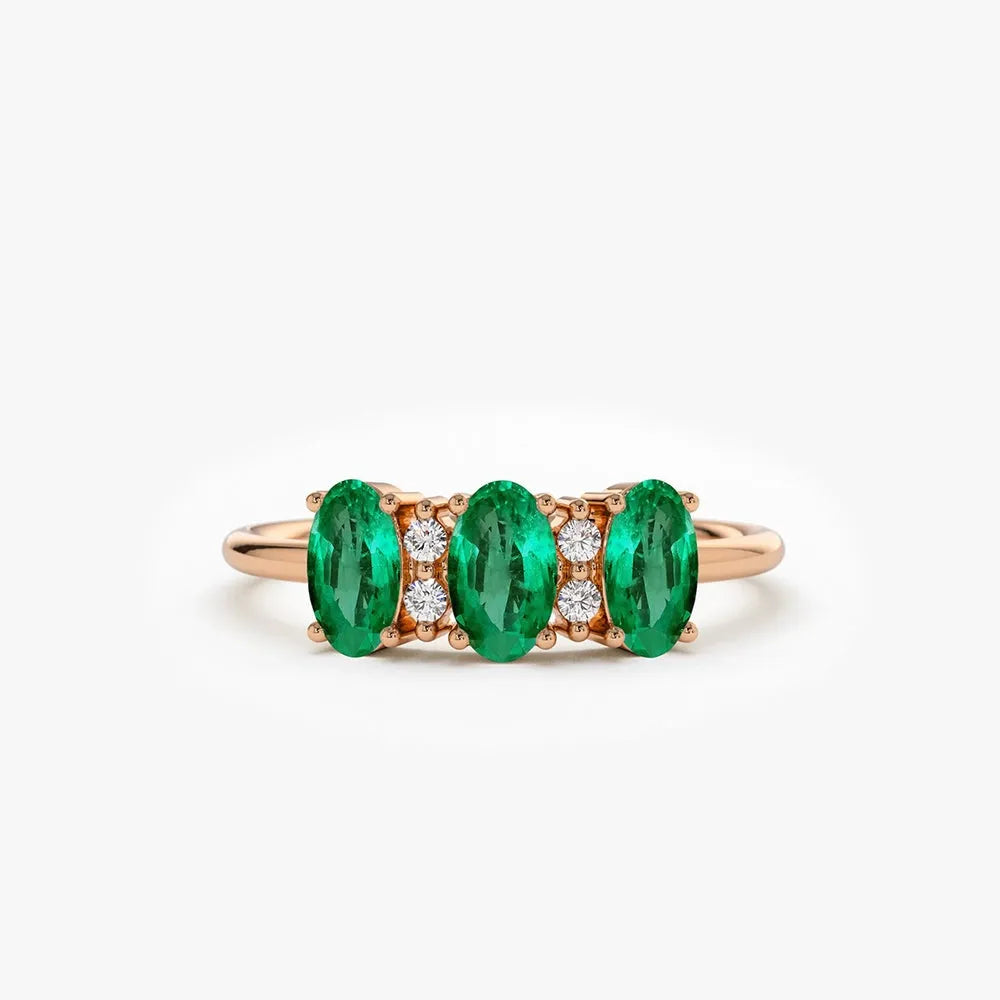 14K Solid Gold Triple Oval Emerald and Round Diamond Ring 0.70 CTW Handcrafted Jewelry