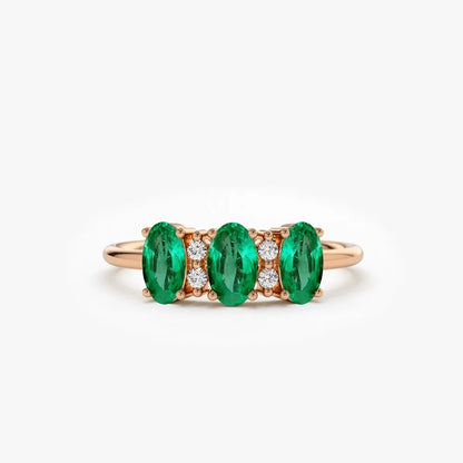 14K Solid Gold Triple Oval Emerald and Round Diamond Ring 0.70 CTW Handcrafted Jewelry