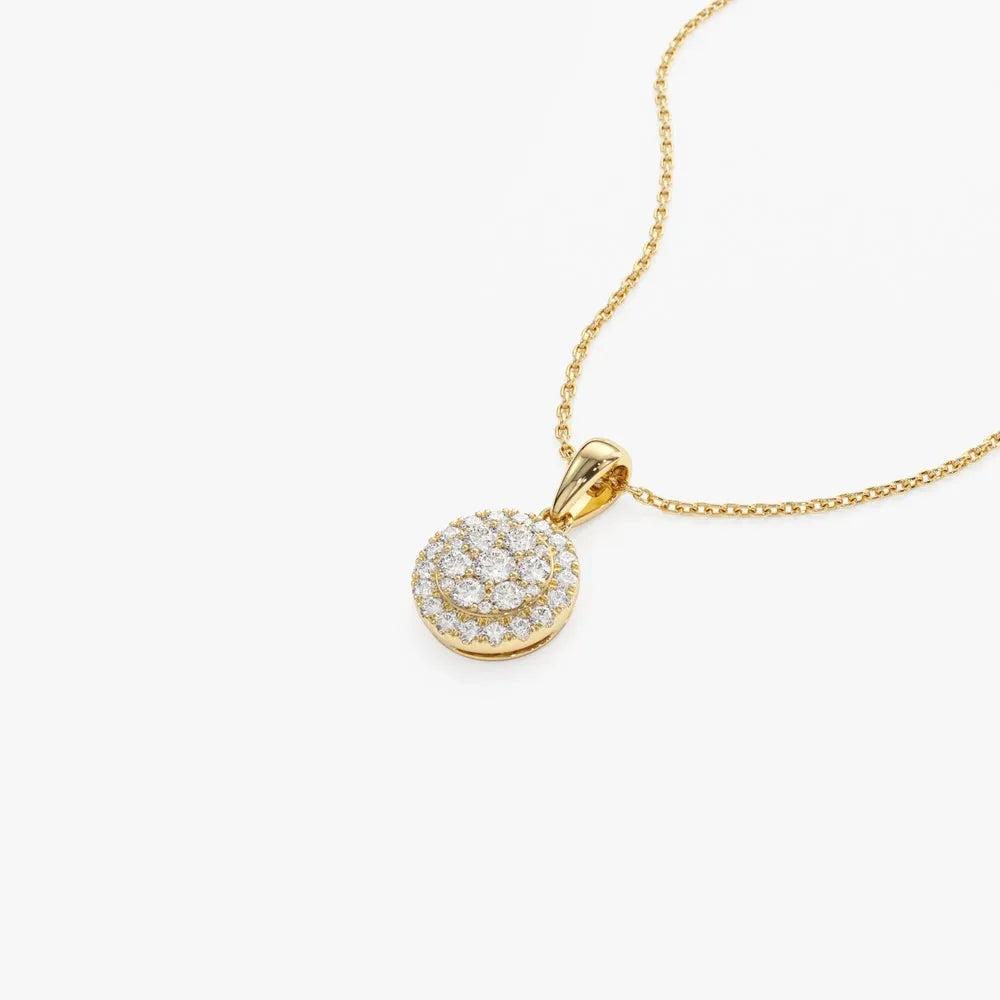 14K Solid Gold Round Diamond Illusion Cluster Disc Necklace 0.42ctw