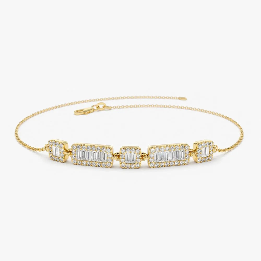 14K Solid Gold 0.45 CTW Baguette and Round Diamond Bracelet