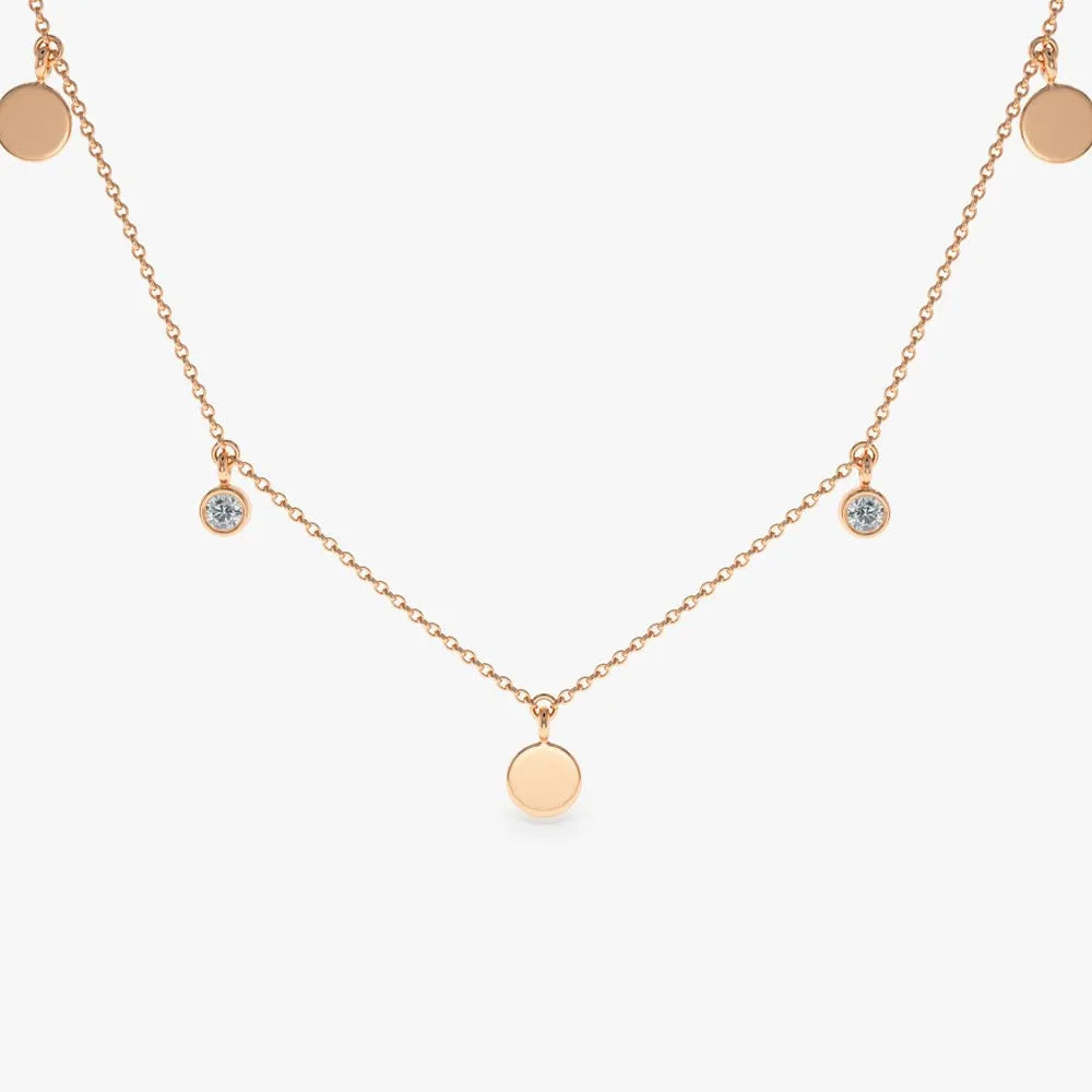 14K Solid Gold Round Diamond Bezel Set Dangling Disc Necklace 0.08ctw