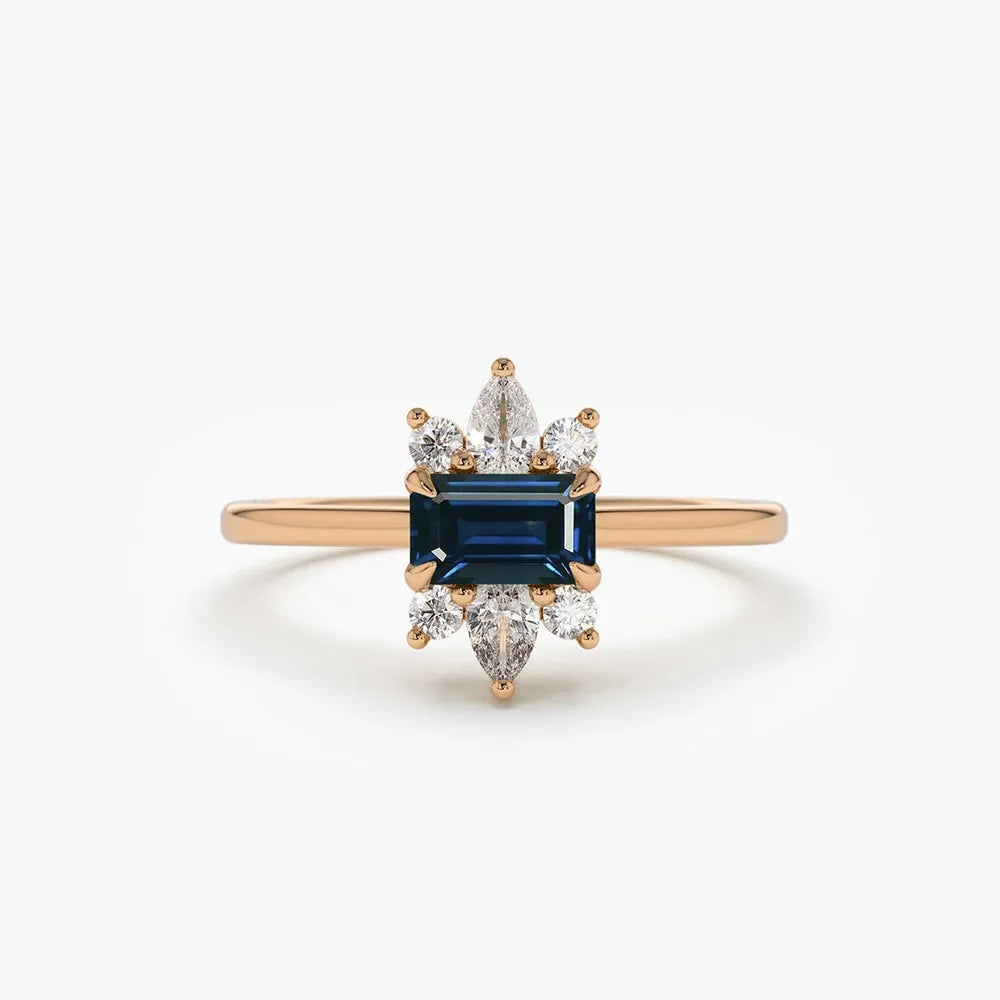 14k Gold Sapphire and Diamond Octagon Pear and Round Cut Ring 0.62 ctw