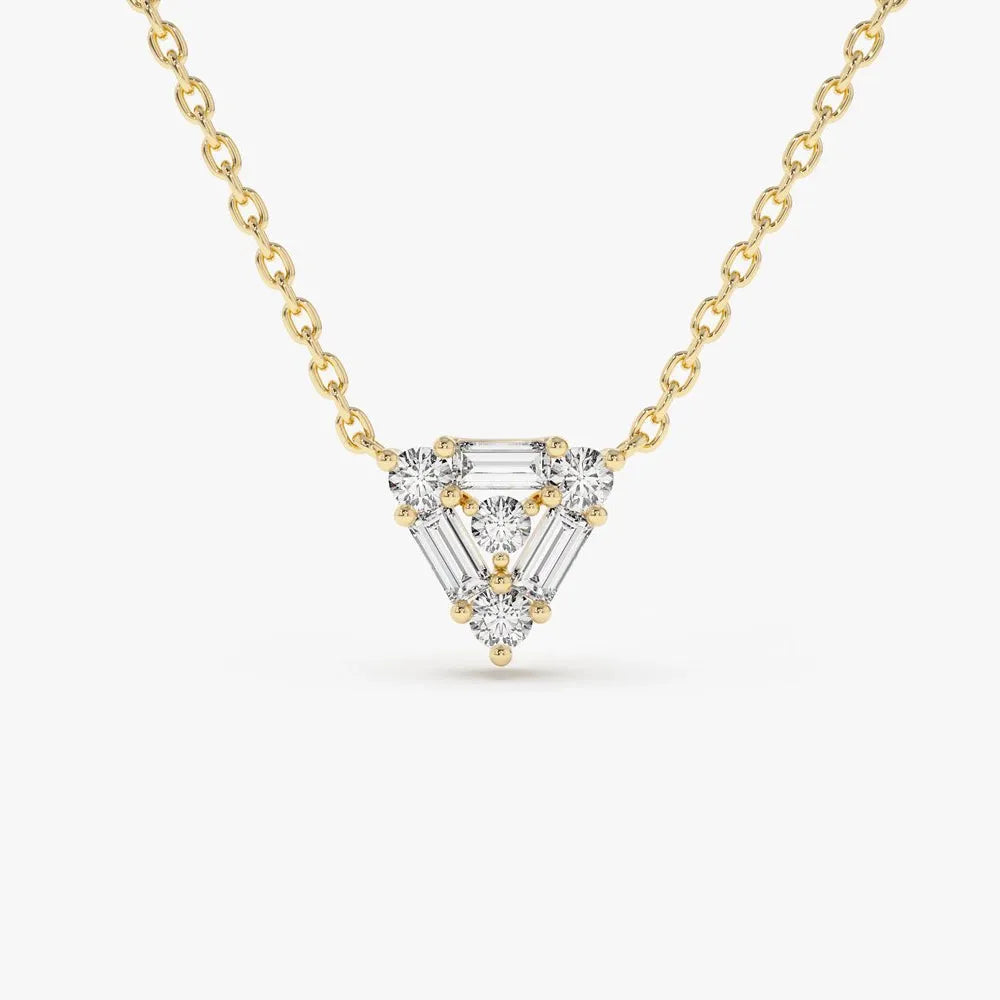 14K Solid Gold Round and Baguette Diamond Triangle Pendant Necklace 0.23ctw