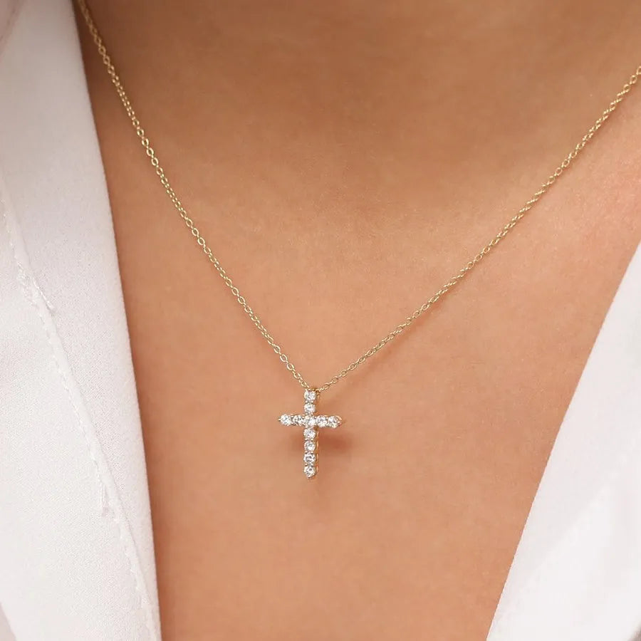 14K Solid Gold Round Diamond Cross Pendant Necklace Prong Setting 0.35ctw