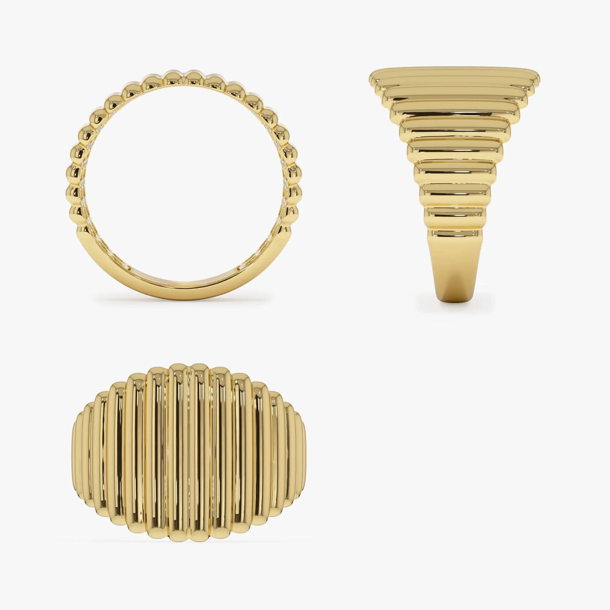 14k Gold Tapered Ribbed Statement Ring 14mm Wide Graduated Band