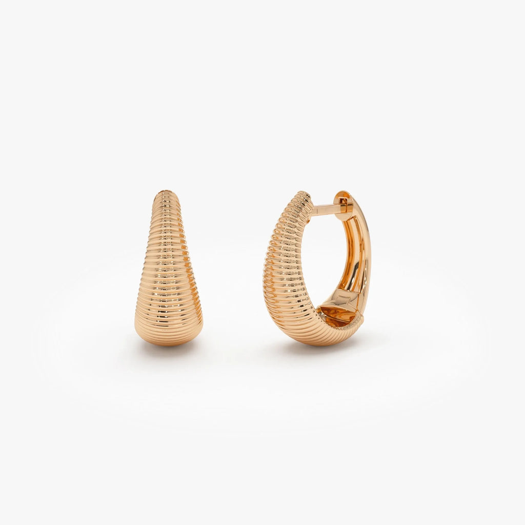 14k Gold Ribbed Teardrop Graduated Hoop Earrings 13mm 6.5mm Width