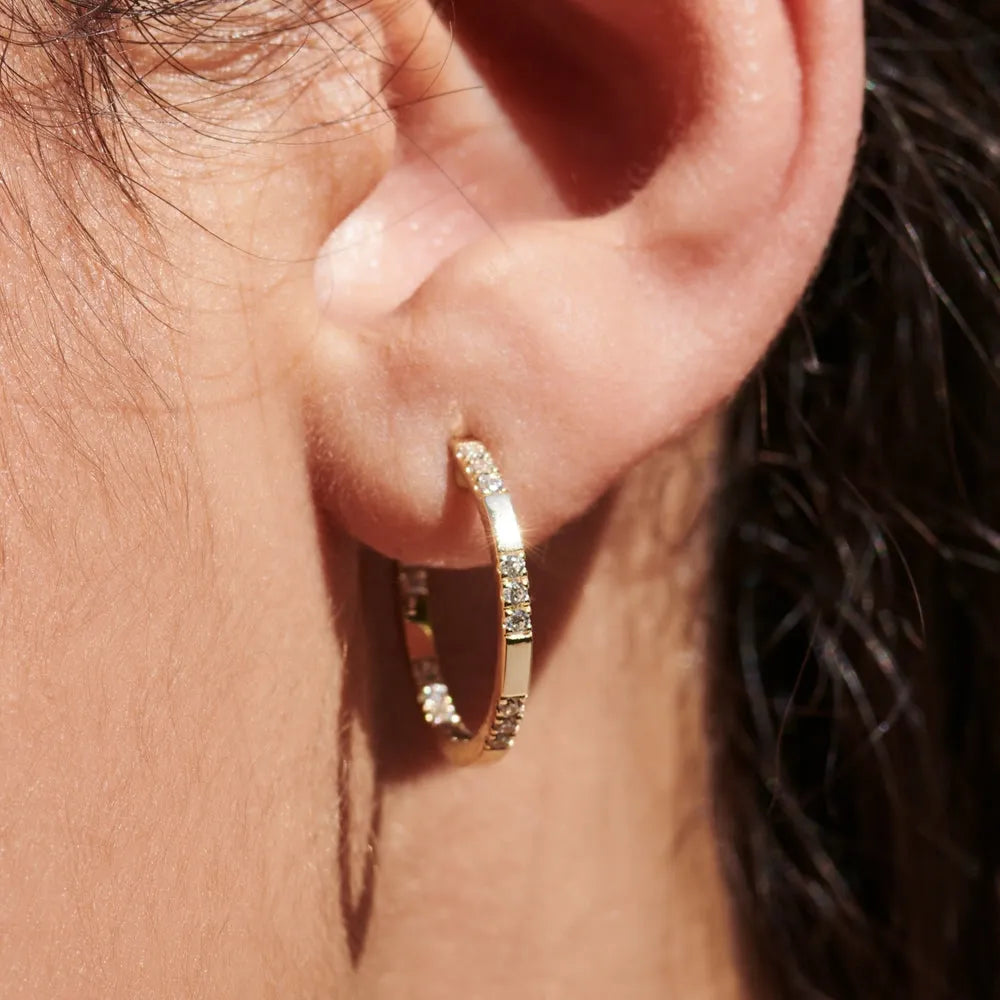 14k Gold Diamond Round Cut Inside Out Hoop Earrings 0.36 ctw