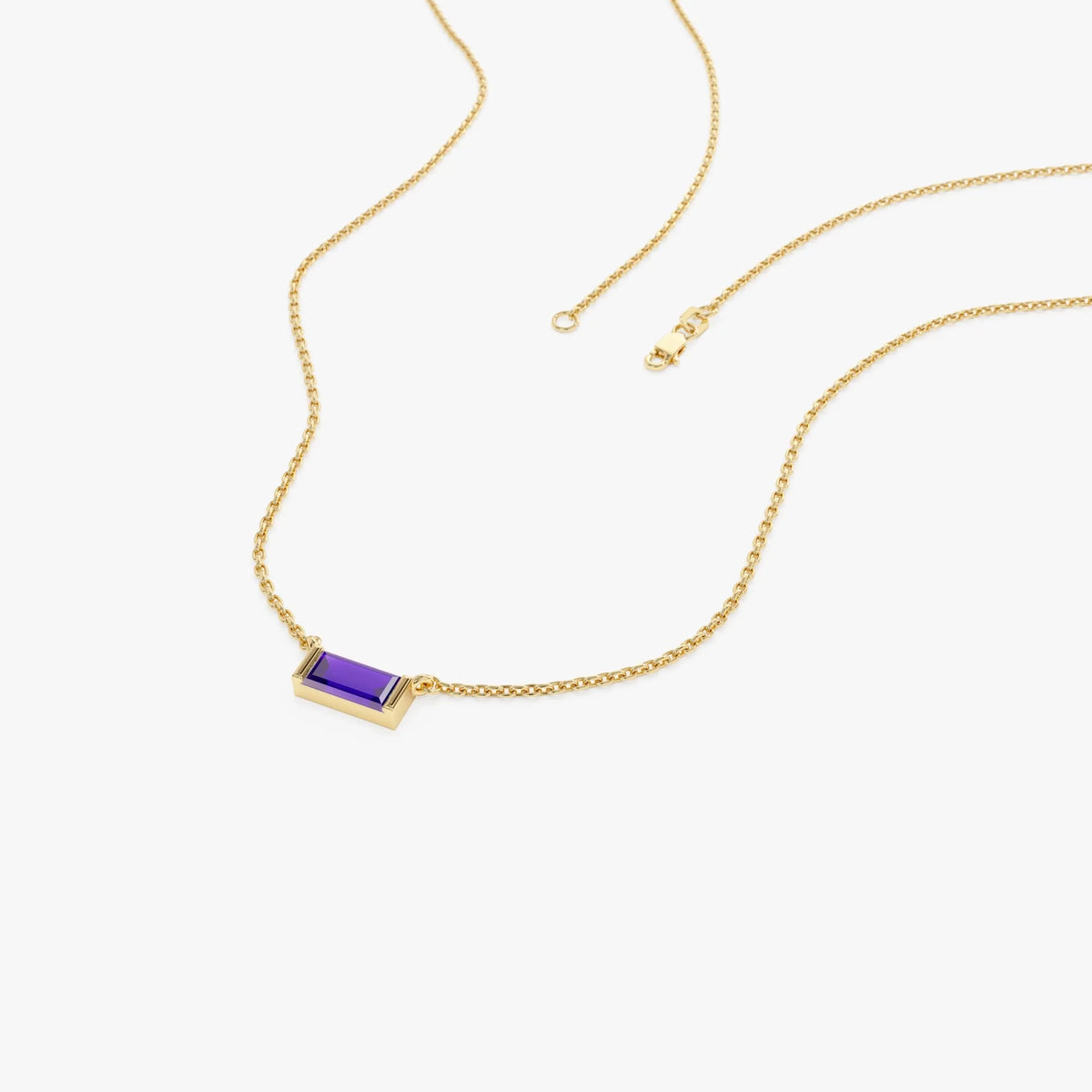 14k Solid Gold Amethyst Baguette Birthstone Necklace 0.35 Carat