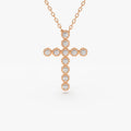 14K Solid Gold Round Diamond Cross Pendant Necklace Milgrain Bezel Set 0.20ctw