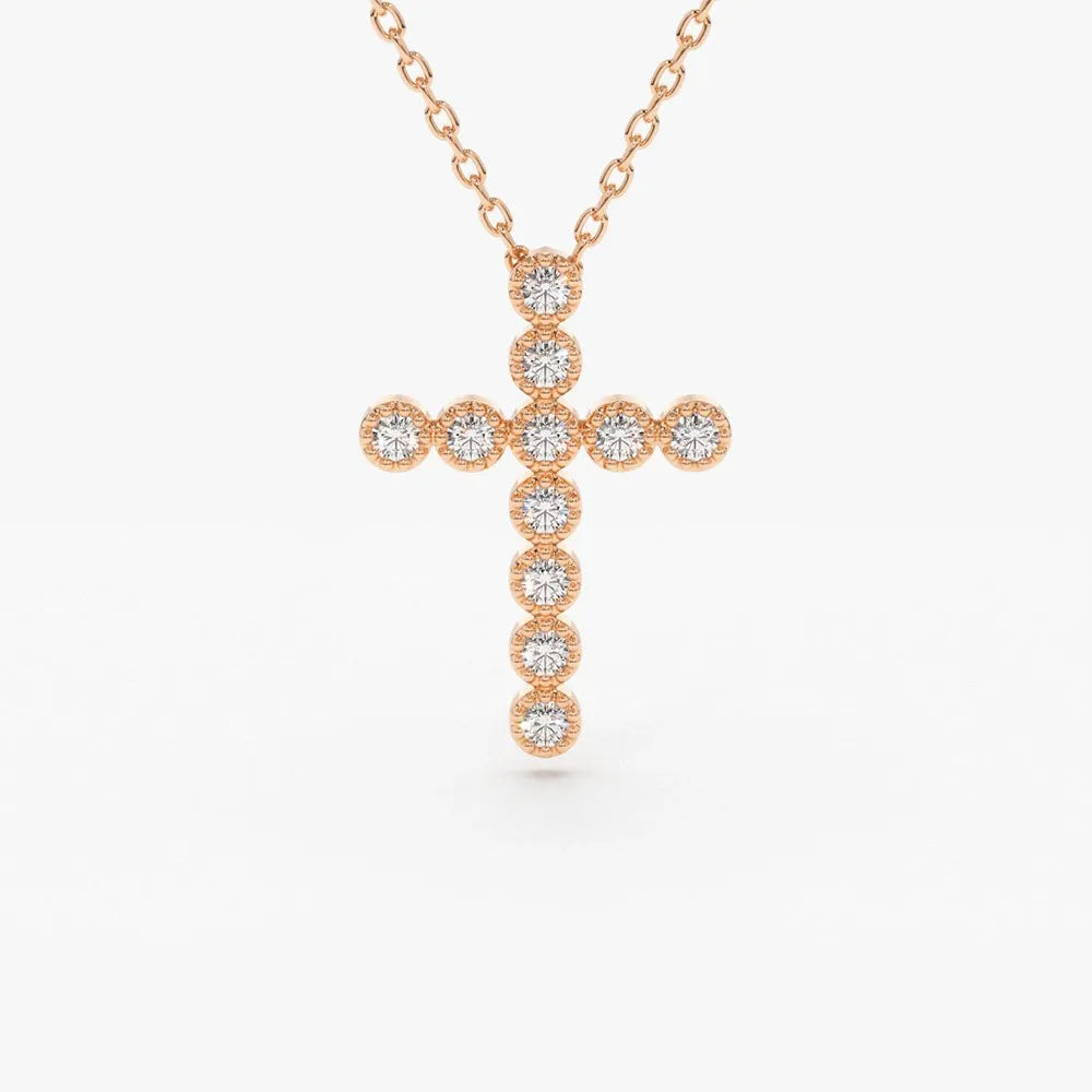 14K Solid Gold Round Diamond Cross Pendant Necklace Milgrain Bezel Set 0.20ctw