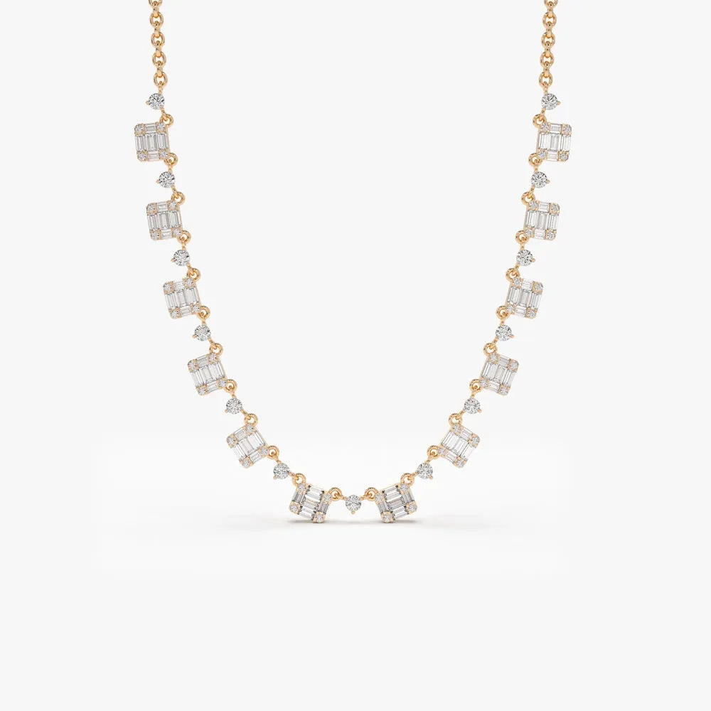 14K Solid Gold Baguette and Round Diamond Illusion Setting Statement Necklace Prong Setting 1.35ctw