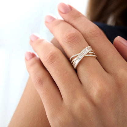 14k Solid Gold Baguette and Round Diamond 0.85 Carat Multi Row Criss Cross Band Ring