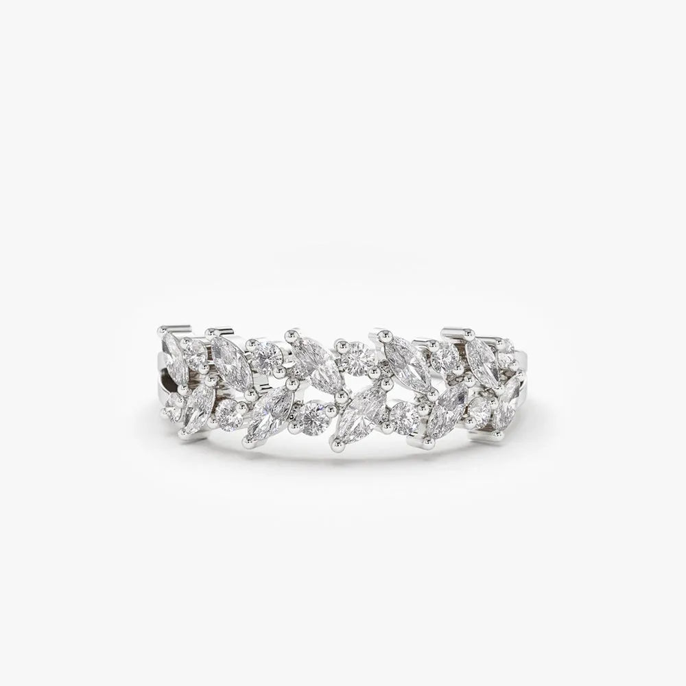14K Gold Marquise and Round Diamond Two Row Ring