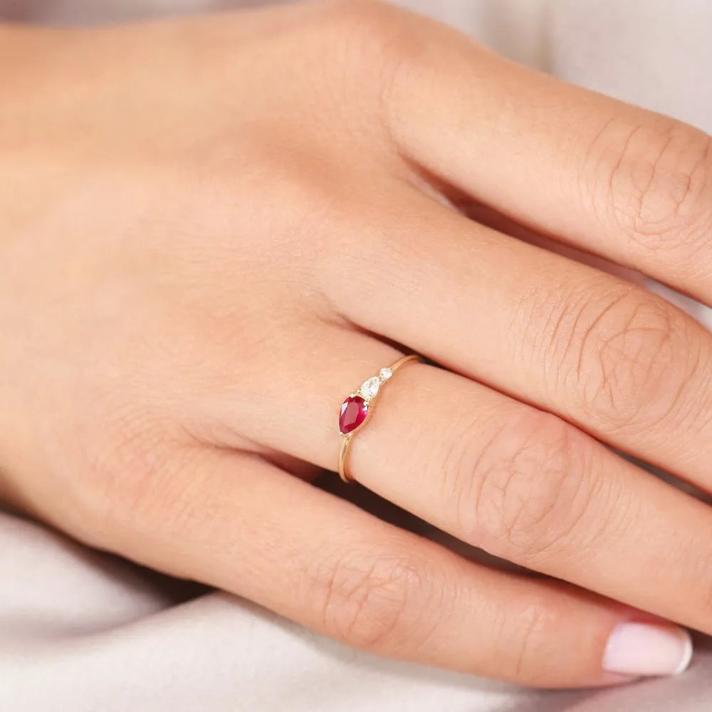 14k Gold Natural Ruby and Diamond Pear Cut Ring Prong Setting 0.40 ctw