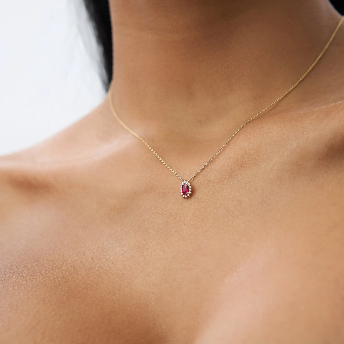 14k Solid Gold Ruby and Diamond Oval Halo Necklace 0.40 Carat