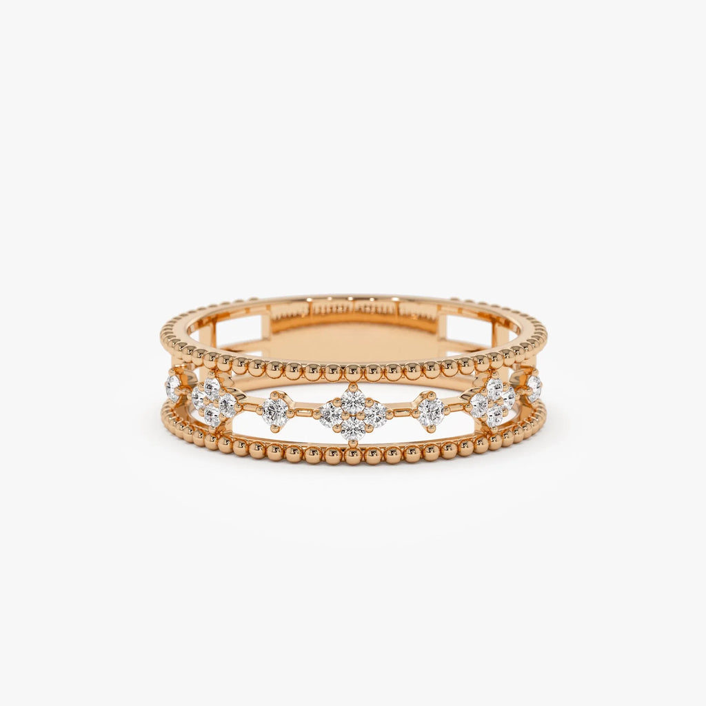 14K Solid Gold Round Diamond 0.15 Carat Beaded Band Statement Ring