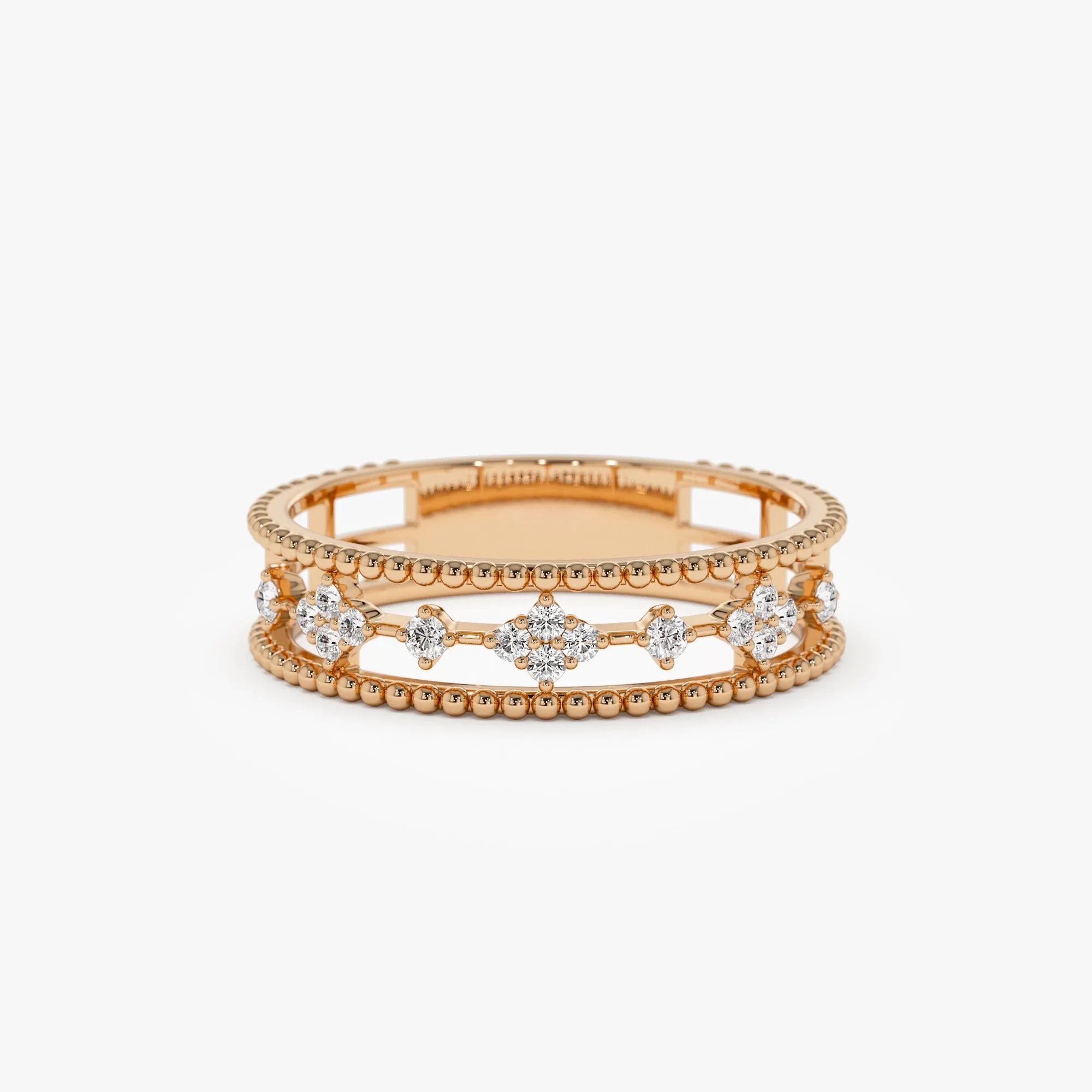 14K Solid Gold Round Diamond 0.15 Carat Beaded Band Statement Ring