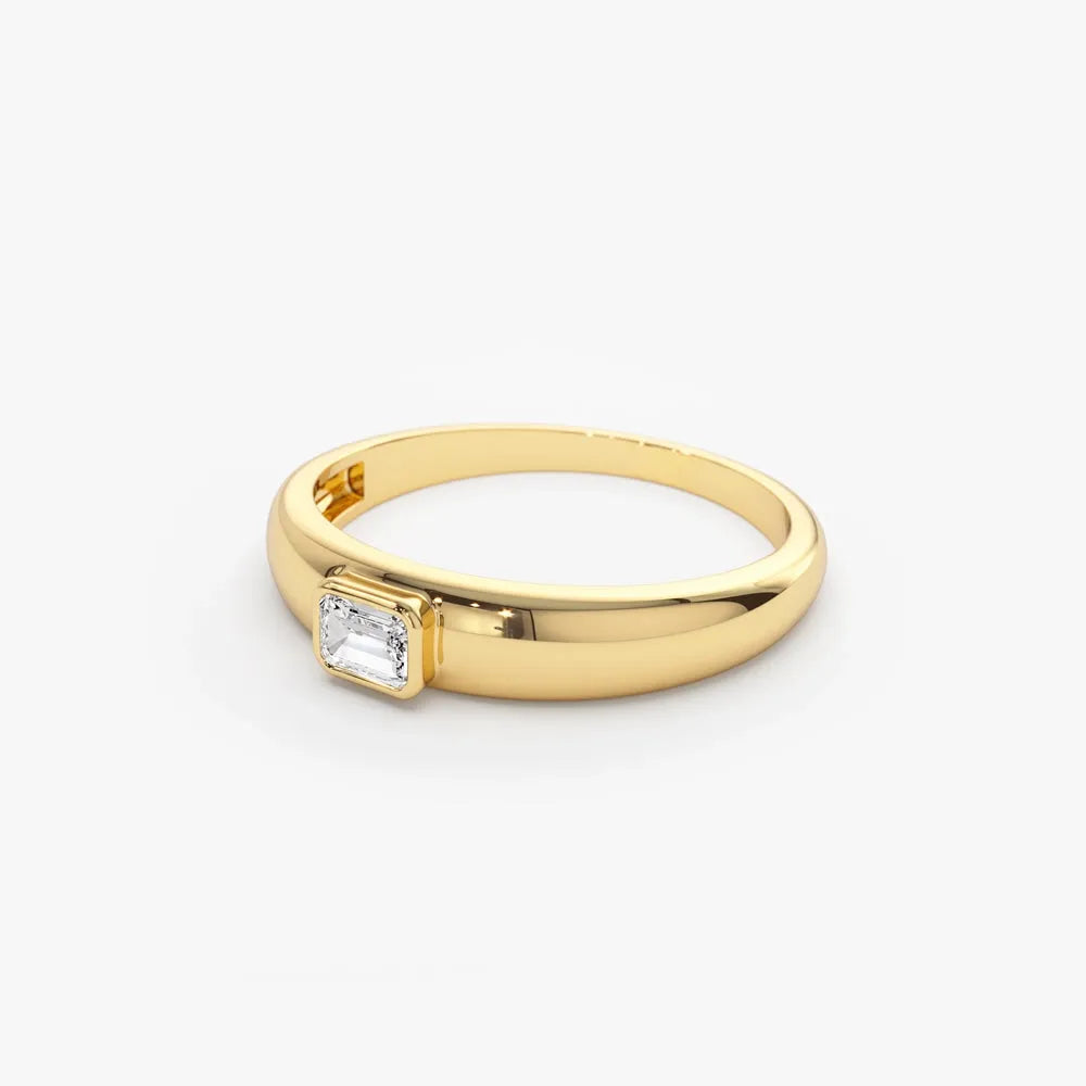 14k Gold Emerald Cut Diamond Solitaire Ring Dome Bezel Setting 0.12 ctw
