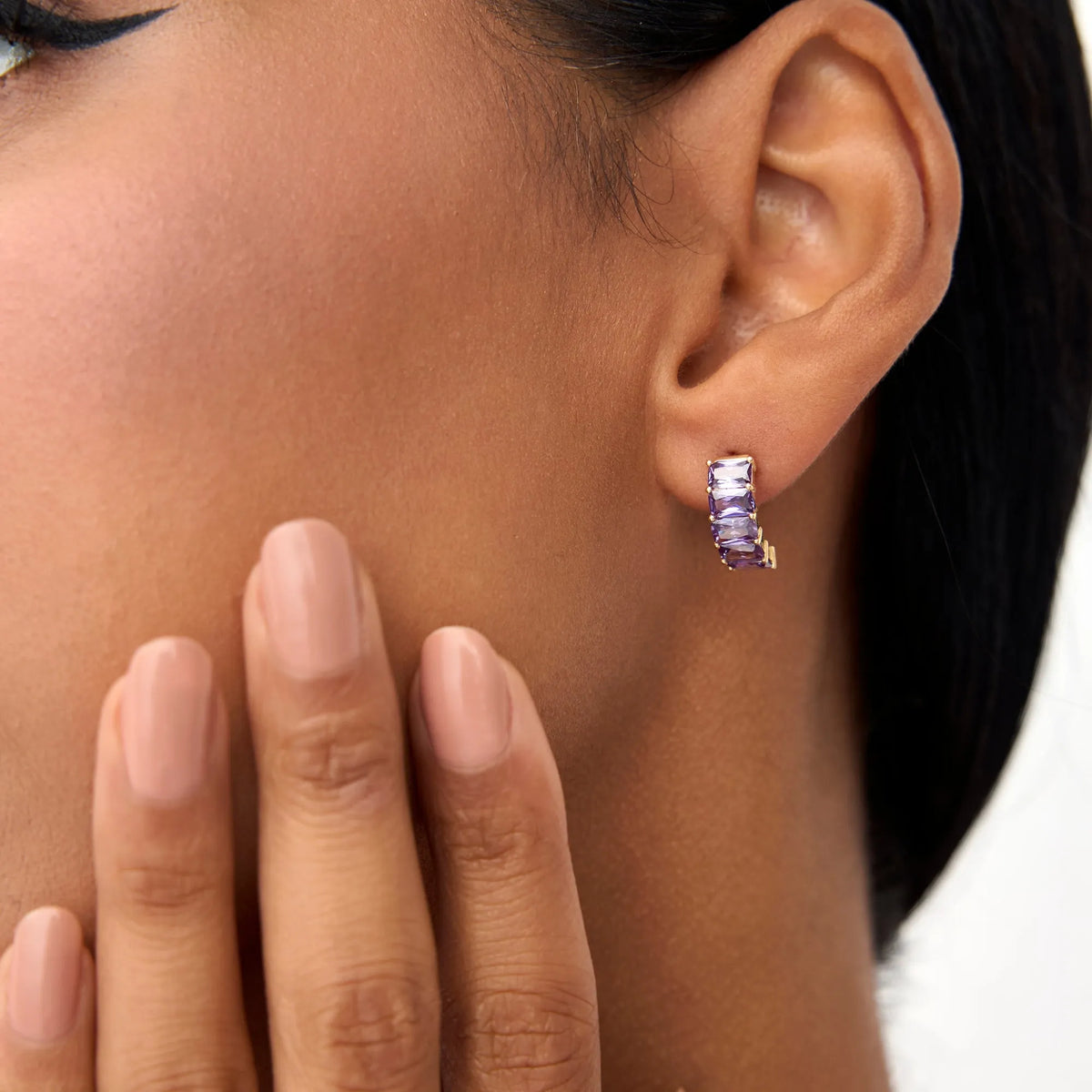 14K Solid Gold Octagon Cut Amethyst Half Hoop Earrings 2.80ctw