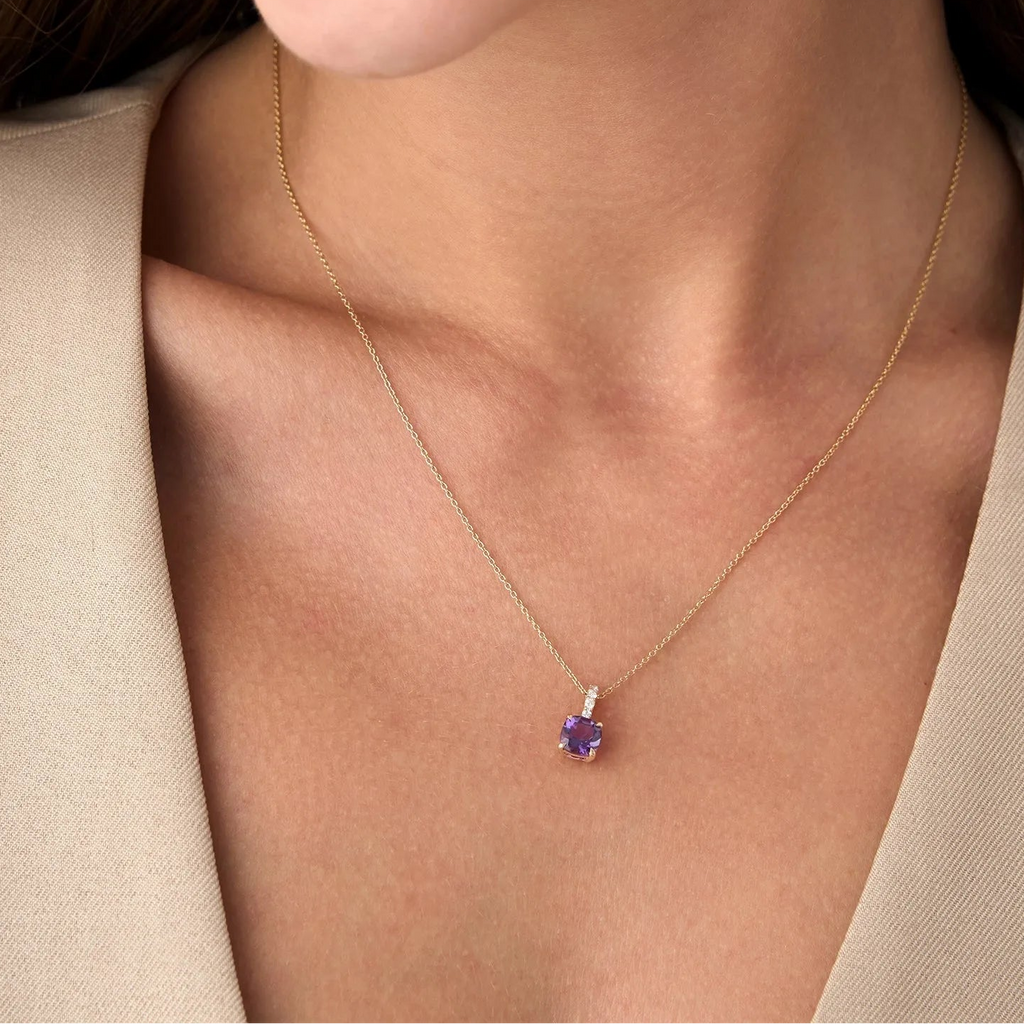 14k Solid Gold Amethyst and Diamond Cushion Cut Pendant Necklace 1.02 Carat