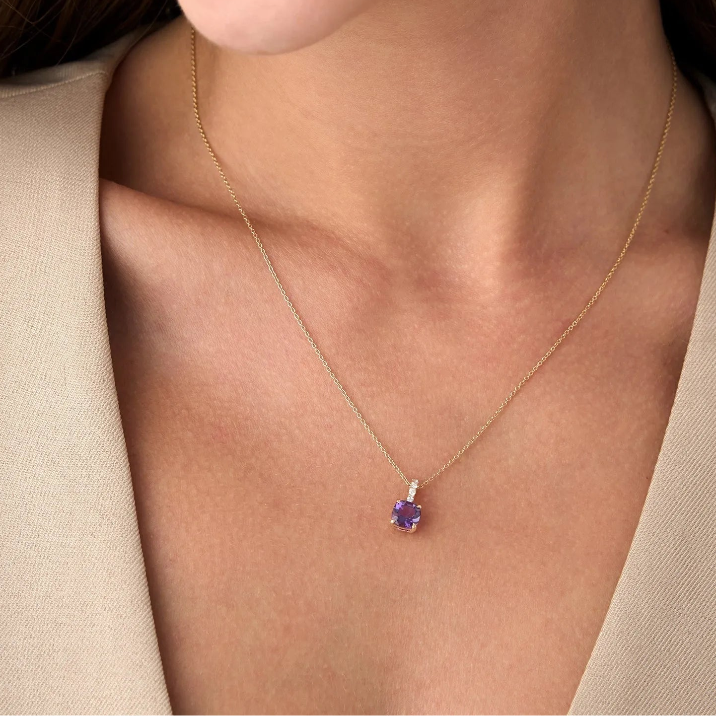 14k Solid Gold Amethyst and Diamond Cushion Cut Pendant Necklace 1.02 Carat