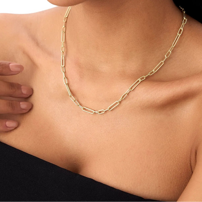 14k Solid Gold Twisted Rope and Plain Oval Paperclip Link Necklace