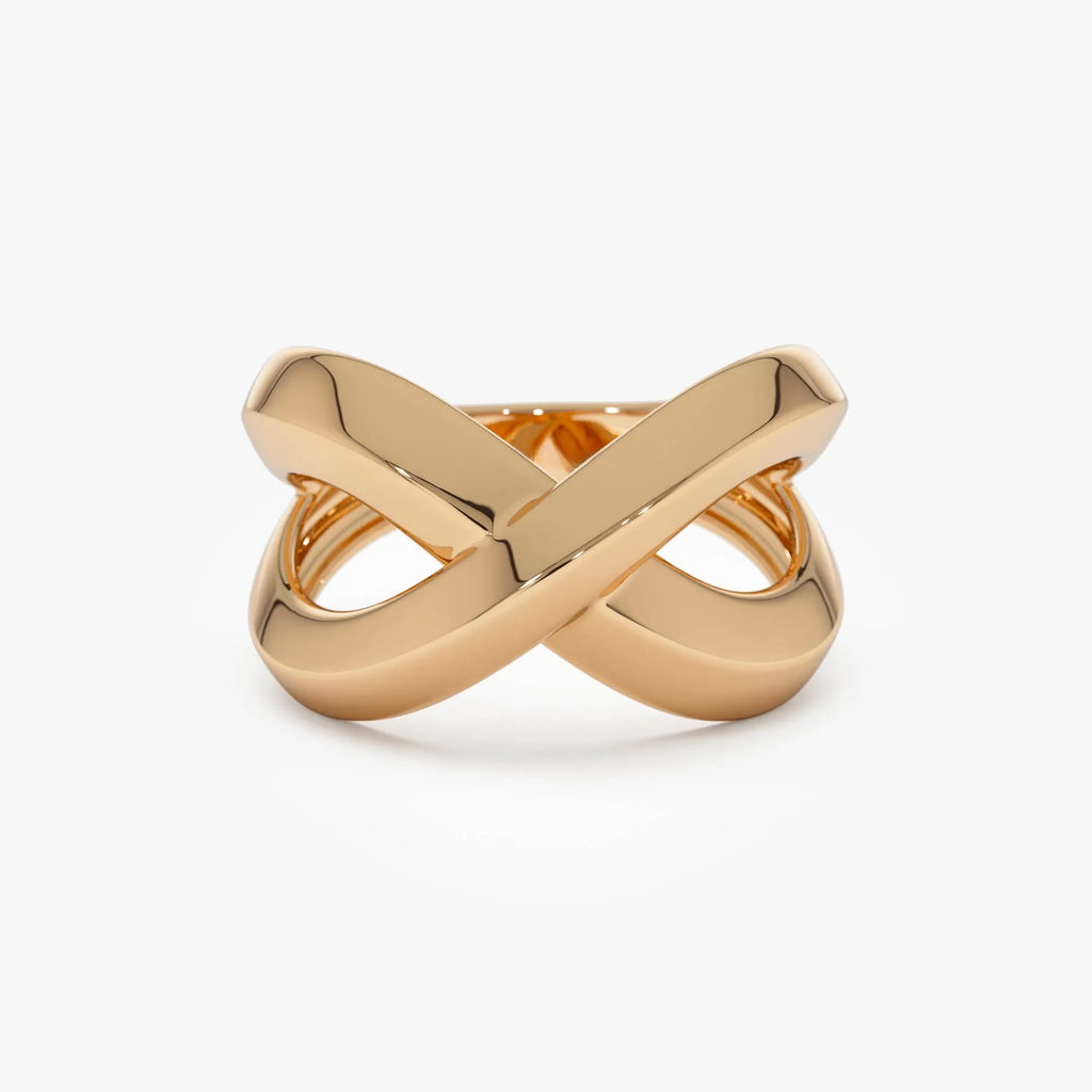 14k Gold Chunky Criss Cross Statement Ring 12.5mm Wide Band