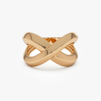 14k Gold Chunky Criss Cross Statement Ring 12.5mm Wide Band