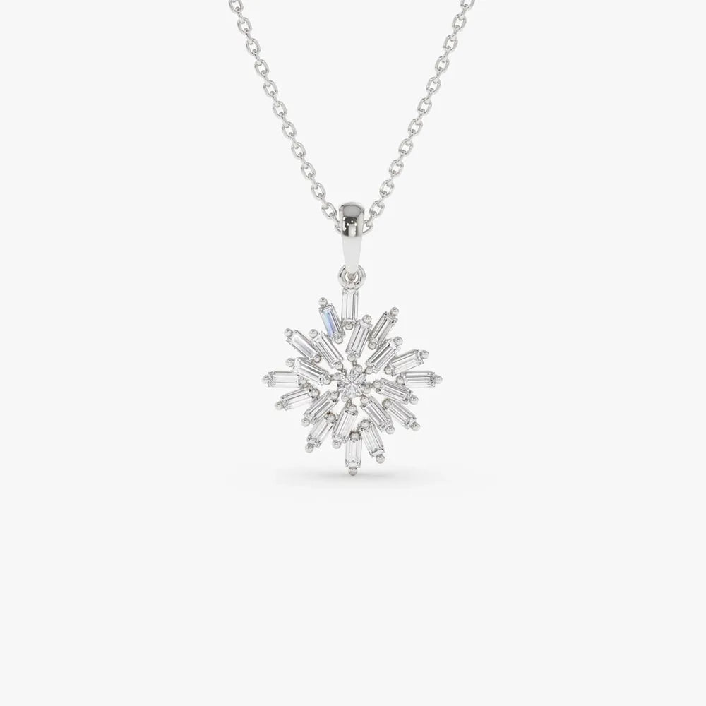 14K Solid Gold Baguette and Round Diamond Cluster Pendant Necklace Prong Setting 0.56ctw