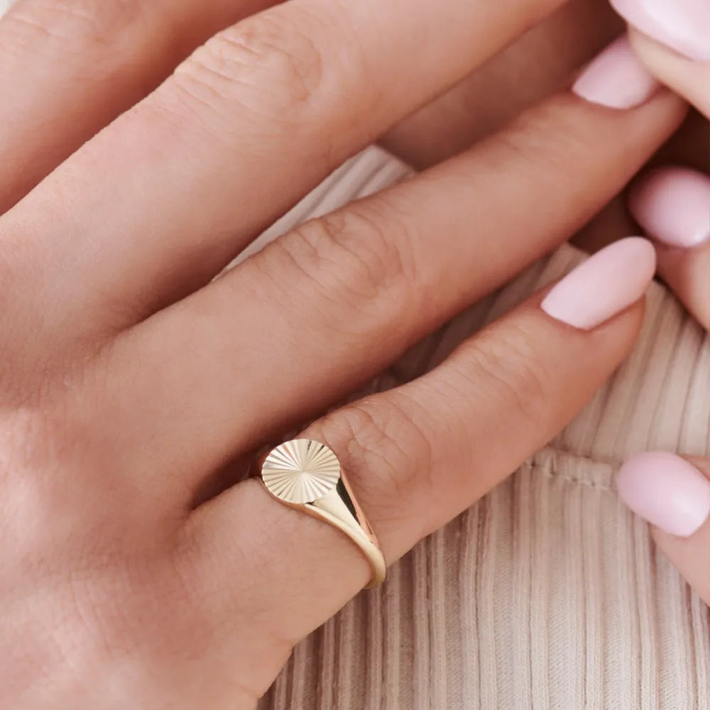 14K Solid Gold 8mm Sun Signet Minimalist Band Ring