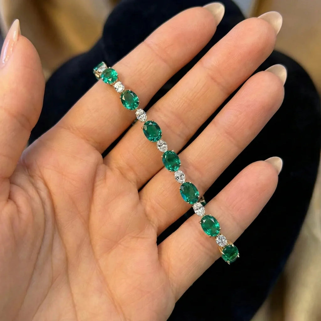 14K Solid Gold Lab Grown Colombian Emerald Cut Lab Grown Diamond 4 Prong Bracelet