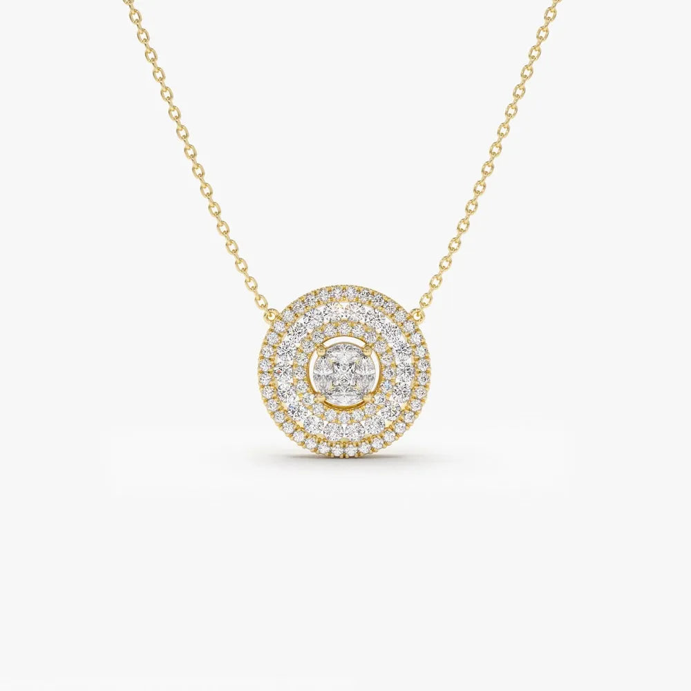 14K Solid Gold Round Marquise and Princess Cut Diamond Illusion Halo Pendant Necklace 0.84ctw