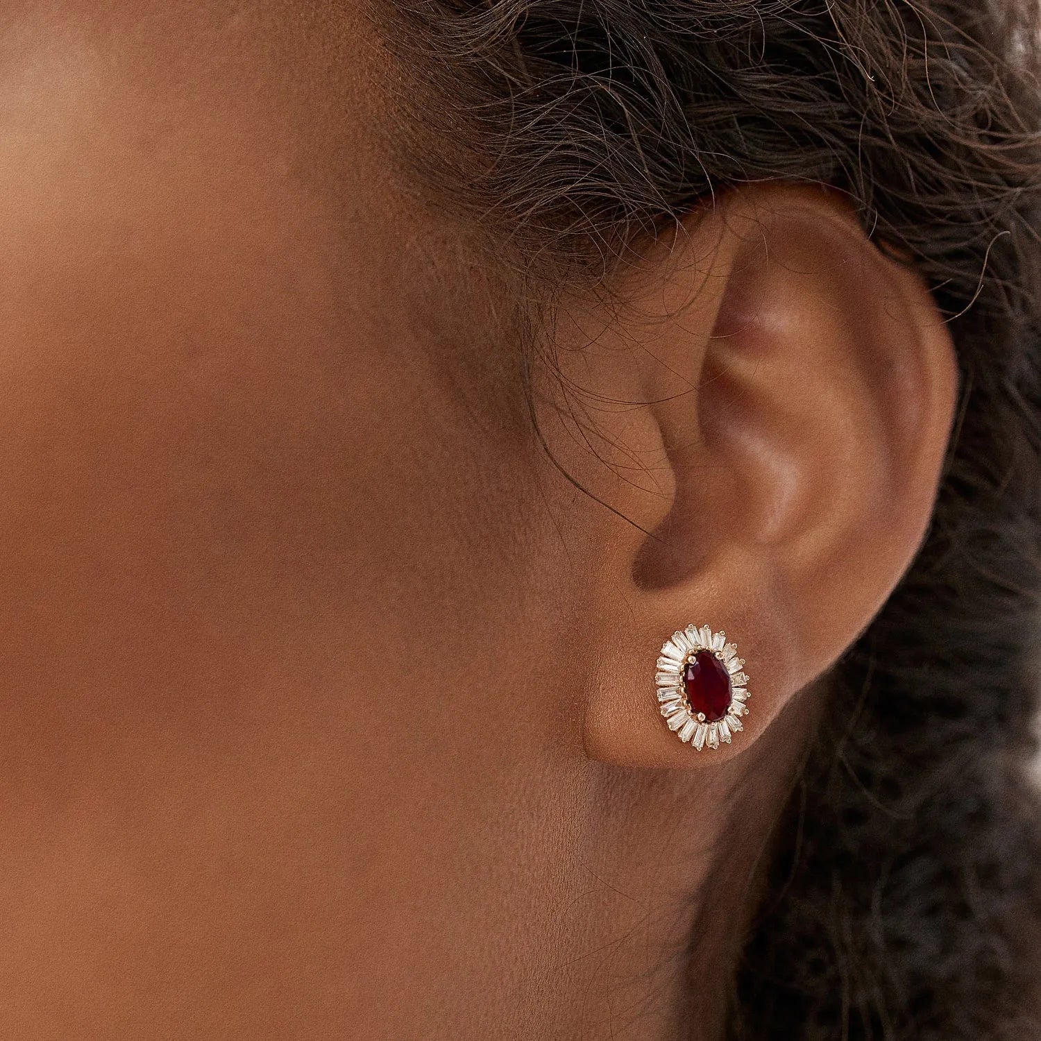 14k Solid Gold Oval Ruby and Baguette Diamond Ballerina Stud Earrings 1.70 ctw