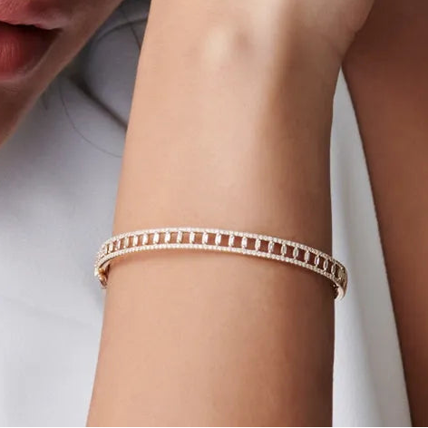 14K Solid Gold 1.33 CTW Baguette and Round Diamond Bangle