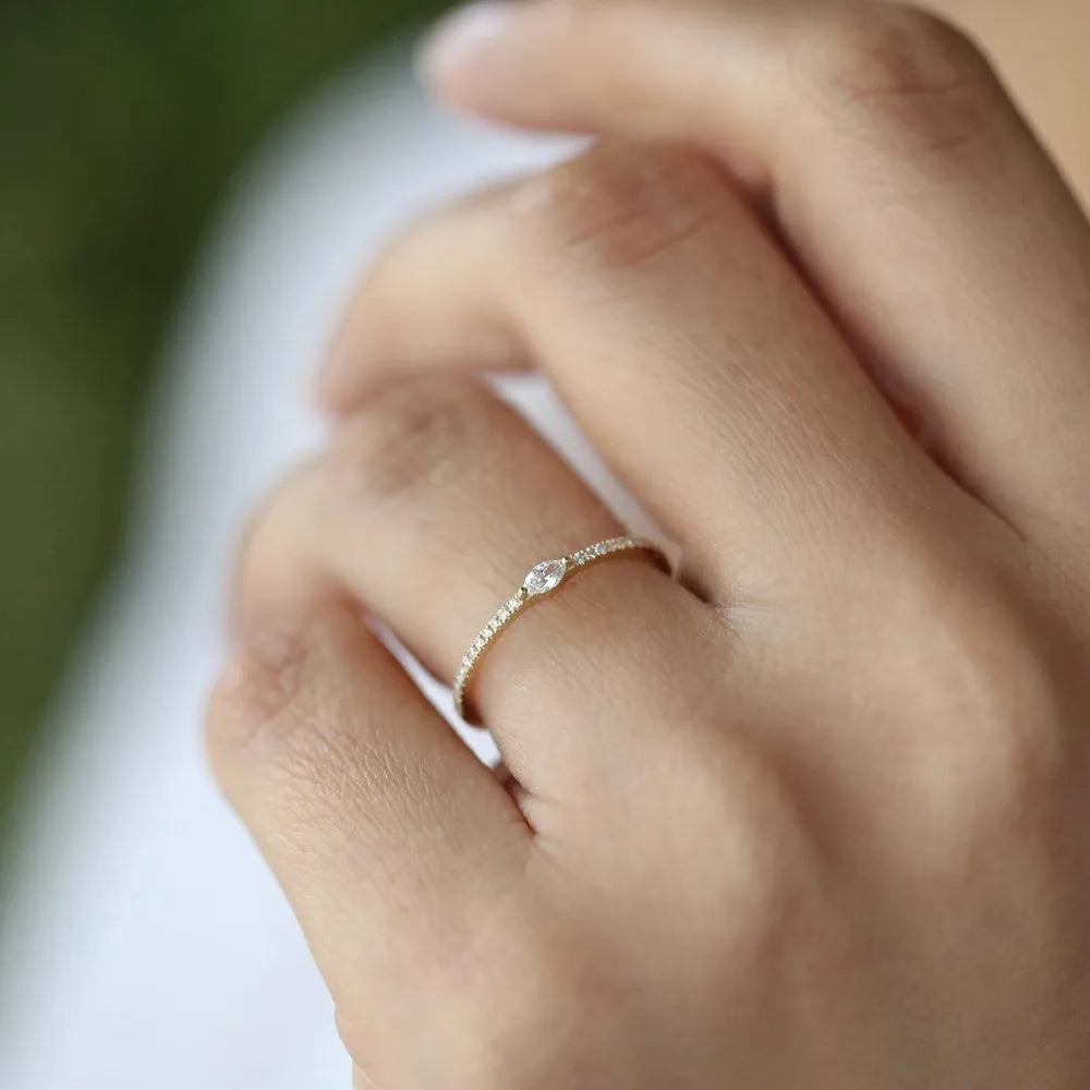 14k Gold Marquise Round Diamond Stackable Ring Micro Pave 0.21ctw