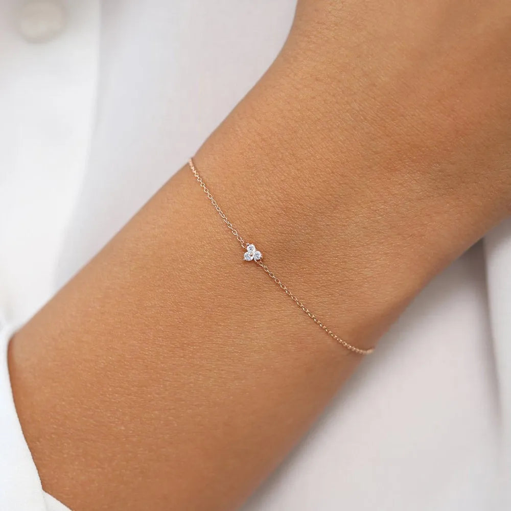 14K Solid Gold Round Diamond Three Stone Floating Triangle Bracelet Prong Setting 0.09 Carat