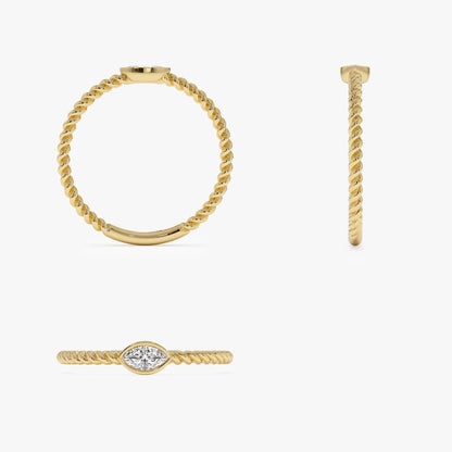 14k Solid Gold Diamond Marquise Ring Bezel Set Rope Band
