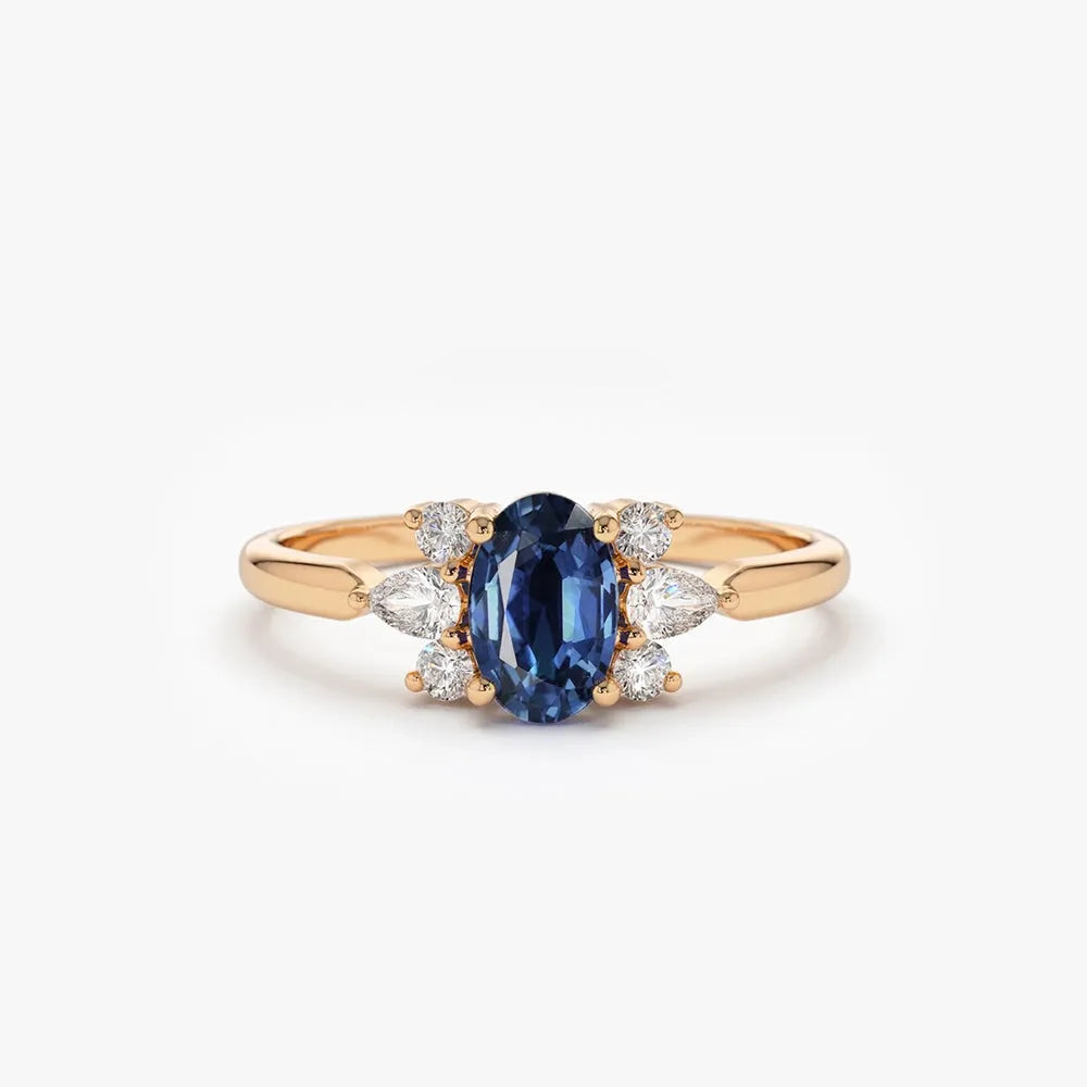 14k Gold Sapphire and Diamond Oval Pear and Round Cut Ring 1.00 ctw