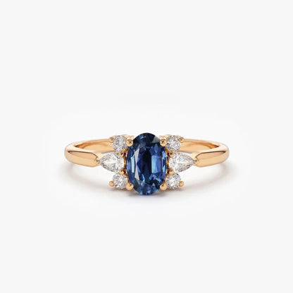 14k Gold Sapphire and Diamond Oval Pear and Round Cut Ring 1.00 ctw