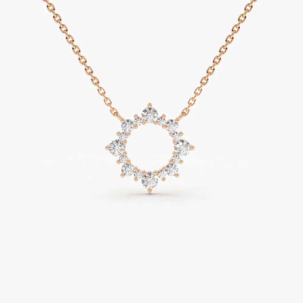 14K Solid Gold Round Diamond Sun Circle Pendant Necklace Prong Setting 0.43ctw